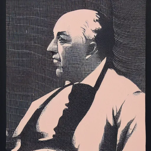 Image similar to ghastly, incredible by ludwig mies van der rohe screen printing, french rose. a beautiful performance art of a person in profile, with their features appearing both in front of & behind their head.