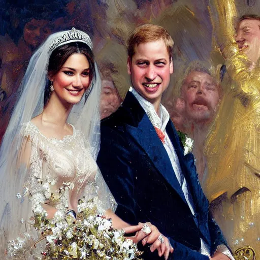 Prompt: the painting of prince william and bella hadid's royal wedding, art by gaston bussiere, craig mullins, j. c. leyendecker, realistic human faces, smiling faces, royal wedding, england