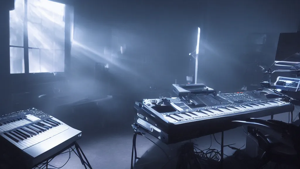 Image similar to a synthesizer, white balance, 8 k, rim lighting, led, lumen global illumination, glowing, glow - in - the - dark, fog, ray tracing reflections
