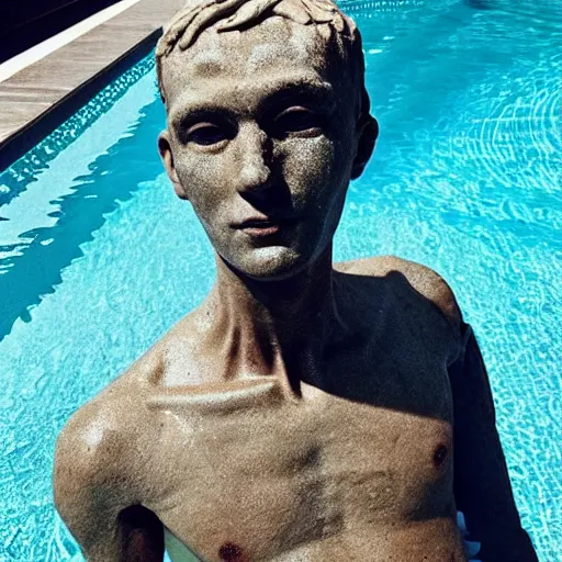 Prompt: “a realistic detailed photo of a handsome guy who is named Gordon Berta, frozen like a statue, with shiny skin, by a pool, on display, half humanoid, half robot, blank stare”