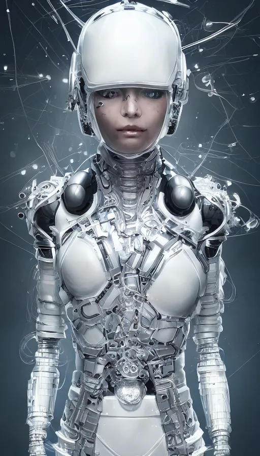 Prompt: full body head to toe portrait of a nanopunk sci-fi cyborg ninja, third person, D&D, sci-fi fantasy, intricate, white with shiny silver and chartreuse fringe highlights, highly detailed, art by Range Murata, highly detailed, 3d, octane render, bright colors, digital painting, trending on artstation, sharp focus, illustration style of Stanley Artgerm, dramatic background