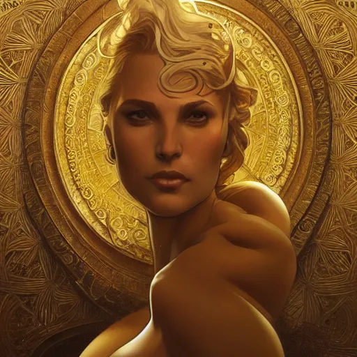 Image similar to Sandman with a gold suit, portrait, intricate, elegant, highly detailed, digital painting, artstation, concept art, smooth, sharp focus, illustration, art by artgerm and greg rutkowski and alphonse mucha