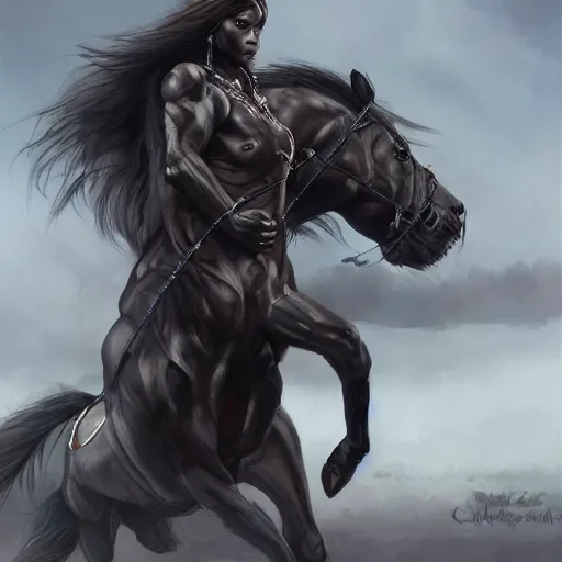 Image similar to an enormously muscular black - coated anthro horse at a research facility wearing skintight body armor, long mane, highly detailed, digital painting, artstation, illustration, art by artgerm, greg rutkowski, wlop