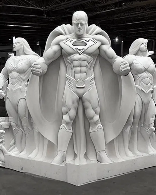 Prompt: a giant white marble sculpture depicting the Justice league, detailed, intricate Marble sculptures of The Superman, Wonder Woman all carved out of one giant Block of Marble