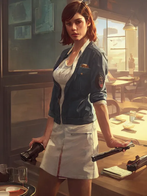 Prompt: portrait of a young female waitress from grand theft auto 5, art by ryo shiotani and greg rutkowski, intricate, beautiful, cute, cinematic lighting, vintage art by serge ivanoff, high resolution, very detailed