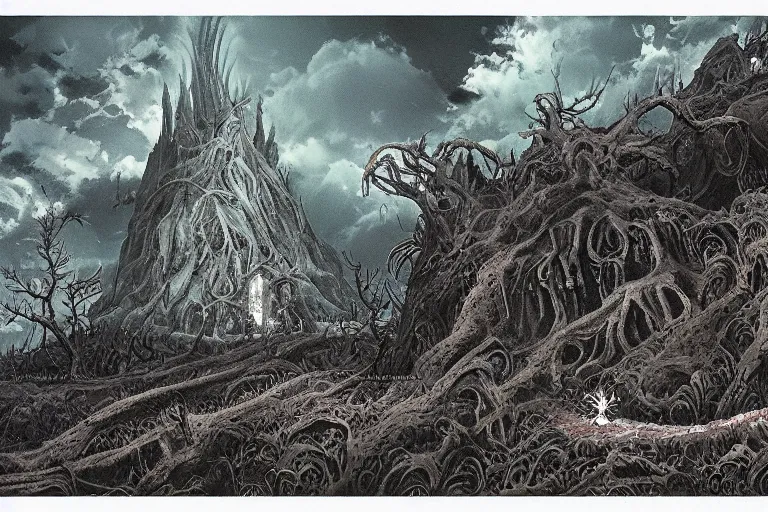 Prompt: ominous matte painting of the dunwich horror, by hayao miyazaki, studio ghibli, artstation