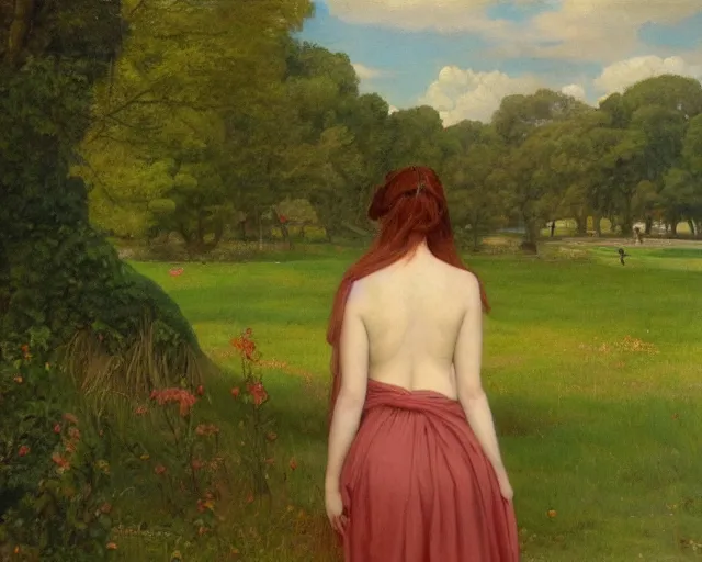 Image similar to beautiful pre - raphaelite painting of woman from the back, alone in a park, trending on artstation,