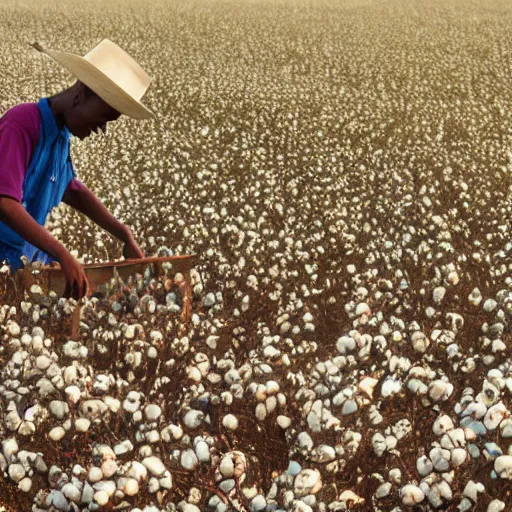 Prompt: Zwarte Piet working in the cotton fields of Missouri