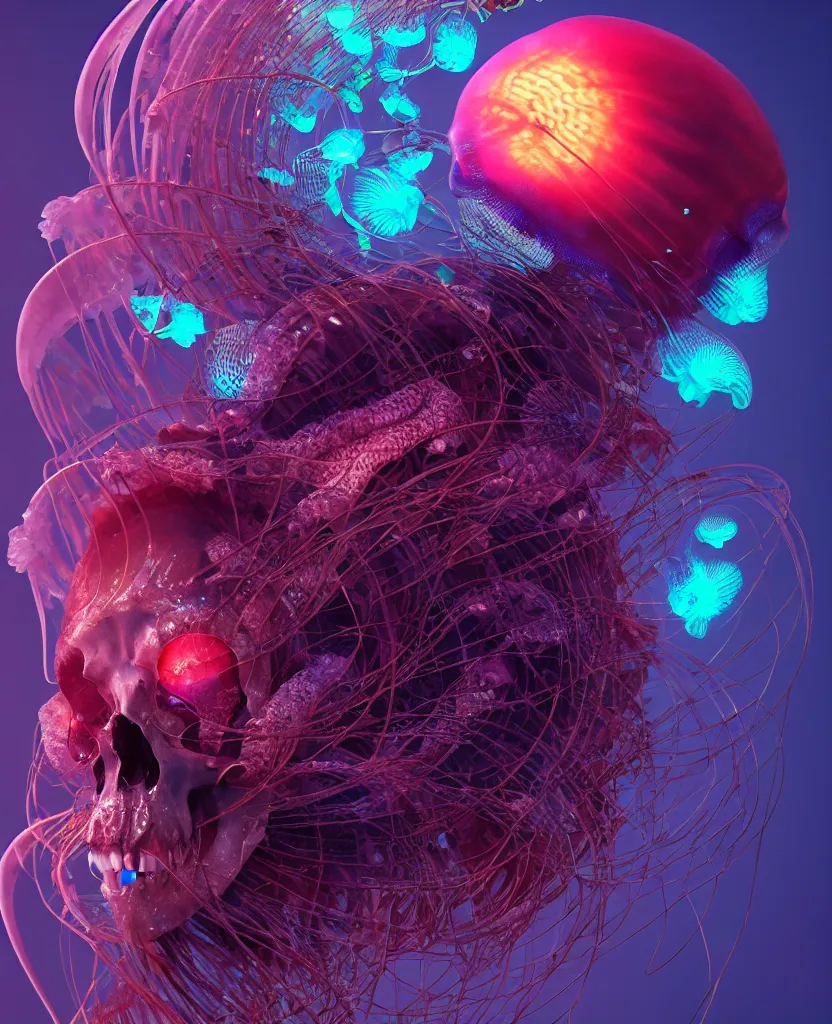 Image similar to goddess close-up portrait animal skull. jellyfish phoenix head, nautilus, orchid, skull, betta fish, bioluminiscent creatures, intricate artwork by Tooth Wu and wlop and beeple. octane render, trending on artstation, greg rutkowski very coherent symmetrical artwork. cinematic, hyper realism, high detail, octane render, 8k