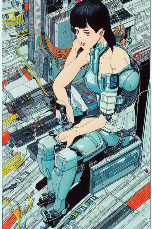 Image similar to a perfect cyberpunk illustration of a female android seated on the floor in a tech labor, seen from the side with her body open showing cables and wires coming out, by masamune shirow and katsuhiro otomo, japan, 1980s, dark, colorful