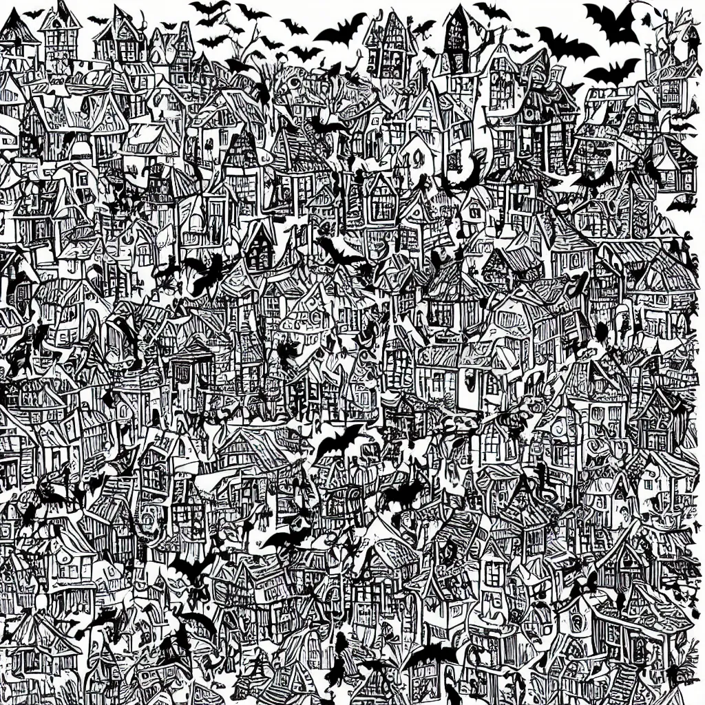 Image similar to blockprint flat illustration of a halloween town