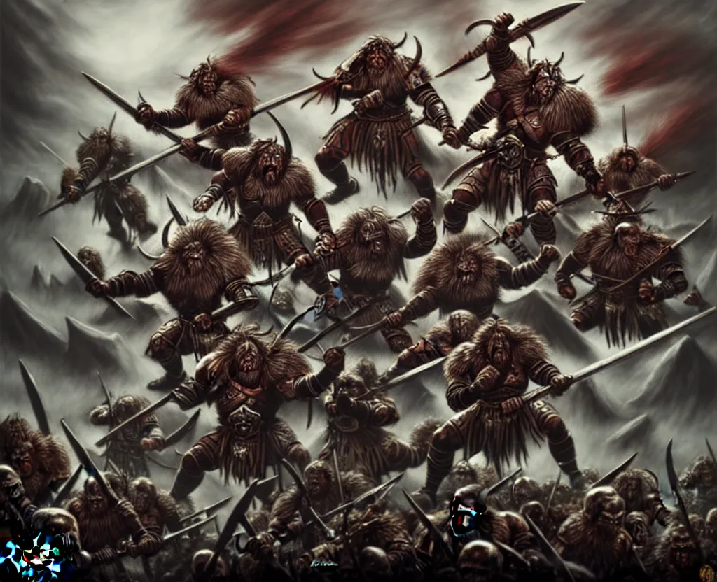 Prompt: warhammer, dnd, fantasy, fierce legion of warriors approaches, primitive and battle - ready norska rush in a rage, trending, artsation, epic detail, fantastic shading contrast quality