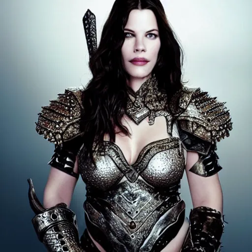 Image similar to full body photo of liv tyler as a warrior with diamond encrusted armour