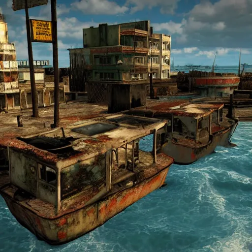 Image similar to Bahamas in ruins post-nuclear war in Fallout 4, in game screenshot