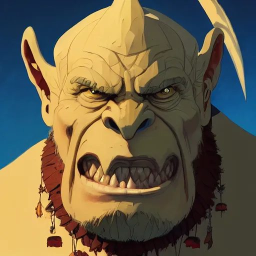 Image similar to orc chief, artstation, cartoon, elegant, highly detailed, digital painting, concept art, smooth, sharp focus, illustration, art by ghibli, makoto shinkai, don bluth, fujita goro, jean giraud, atey ghailan, akihiko yoshida, tom whalen, fadeev 8 k