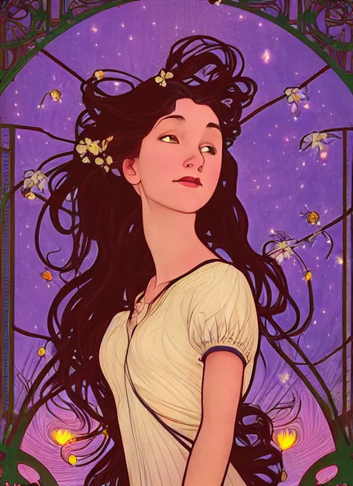 Image similar to well - lit art nouveau portrait of a young innocent girl with hair blowing in the wind in a flower garden with lanterns and fireflies at night,, natural lighting, path traced, highly detailed, high quality, cartoon, digital painting, by don bluth and alphonse mucha and ross tran