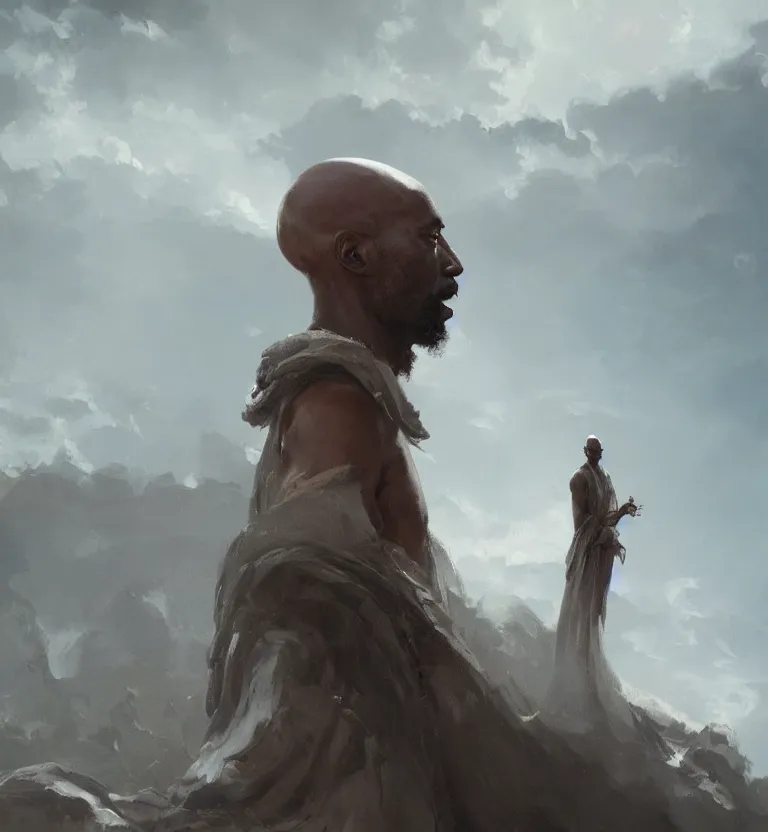 Image similar to painting of a bald tall dark - skinned man wearing a flowing robe overlooking the earth, nature, eyes closed, greg rutkowski, ruan jia, trending on artstation, detailed digital art