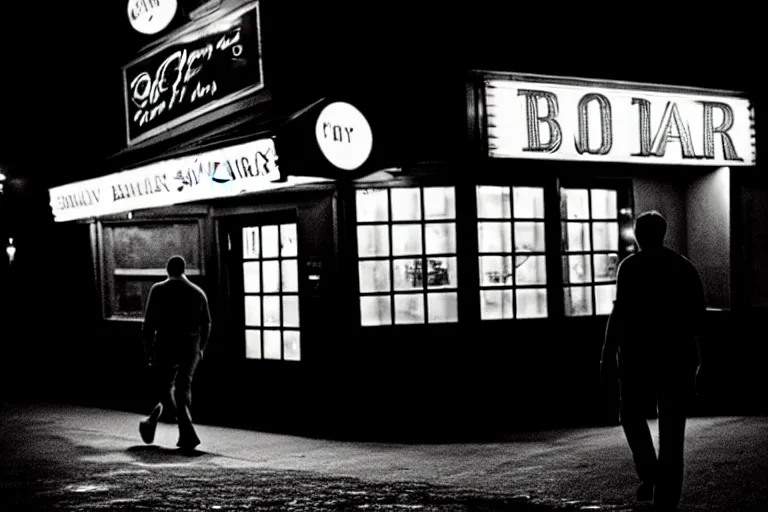 Prompt: a man walking up to a bar at night, photograph