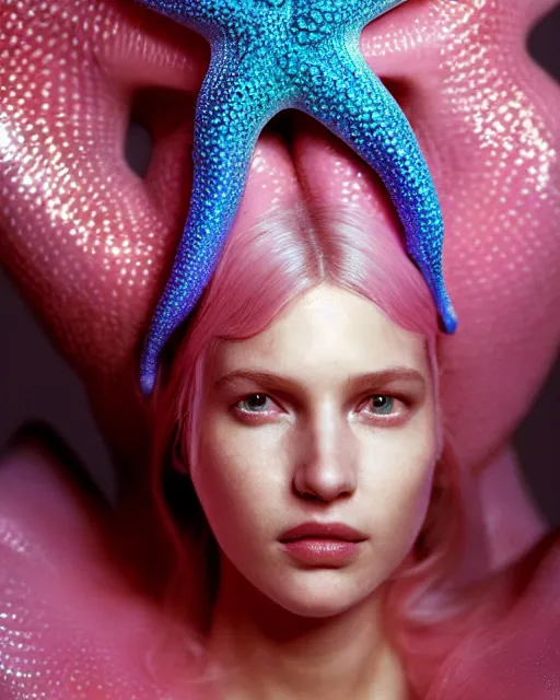 Prompt: natural light, soft focus portrait of a cyberpunk anthropomorphic starfish with soft synthetic pink skin, blue bioluminescent plastics, smooth shiny metal, elaborate ornate head piece, piercings, skin textures, by annie leibovitz, paul lehr