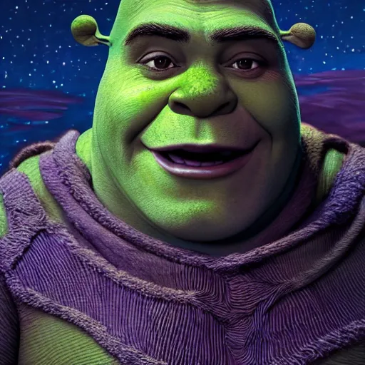 Image similar to photorealistic shrek in the style of michael whelan and gustave dore. hyperdetailed photorealism, 1 0 8 megapixels, fully clothed, lunar themed attire, amazing depth, glowing rich colors, powerful imagery, psychedelic overtones, 3 d finalrender, 3 d shading, cinematic lighting, face portrait, artstation concept art