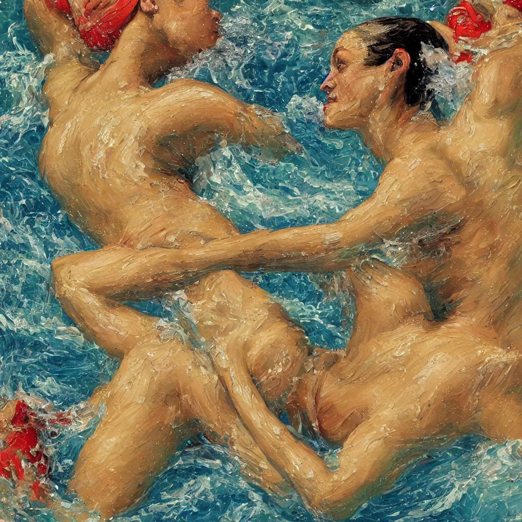 Image similar to 3d high relief painting of female swimmer painted in the style of the old masters, painterly, thick heavy impasto, expressive impressionist style, painted with a palette knife