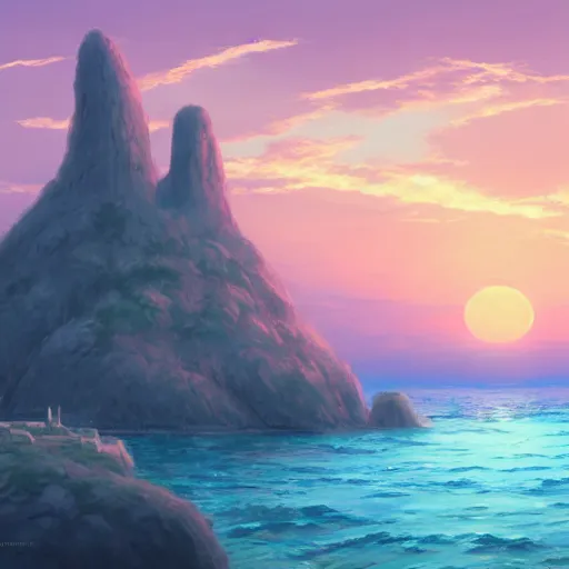 Prompt: beautiful matte digital fantasy concept art of the shore of the island of monuments and statues, with a spectacular sunset, from the studio ghibli movie island monuments, by andreas rocha, pastel color palette, trending on artstation hq, 8 k