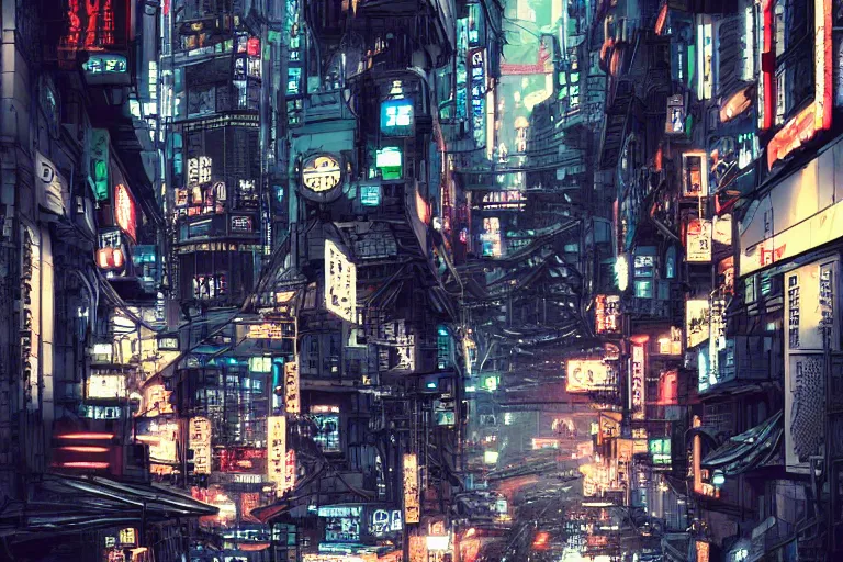 Prompt: tokyo cyberpunk dystopian street concept art