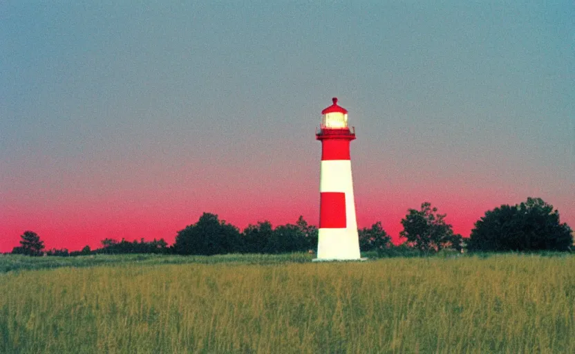 Image similar to lighthouse that shines red, field, night, unsettling, burning trees on the horizon, photo 1998