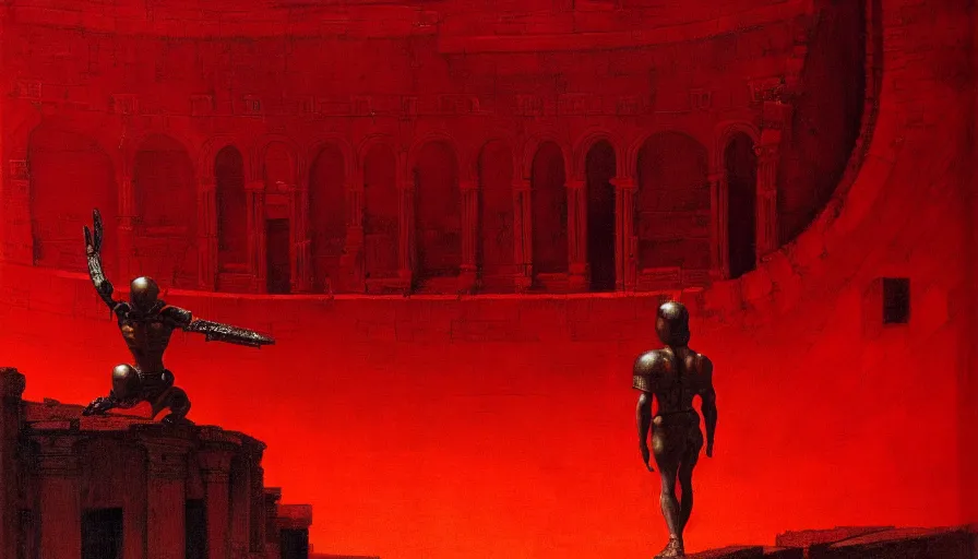 Image similar to only with red, a red gladiator in a crowded roman amphitheatre, crowd cheers him, in the style of beksinski and edward hopper and rodcenko and yue minjun, intricate and epic composition, red by caravaggio, highly detailed, masterpiece, red light, artstation