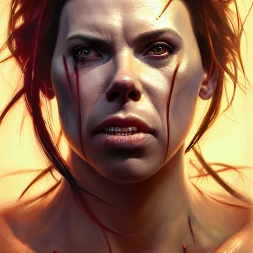 Image similar to portrait painting of a cyberpunk orc doctor extremely muscular ugly scarlett johansson with two big boar tusks, ultra realistic, concept art, intricate details, eerie, highly detailed, photorealistic, octane render, 8 k, unreal engine. art by artgerm and greg rutkowski and charlie bowater and magali villeneuve and alphonse mucha