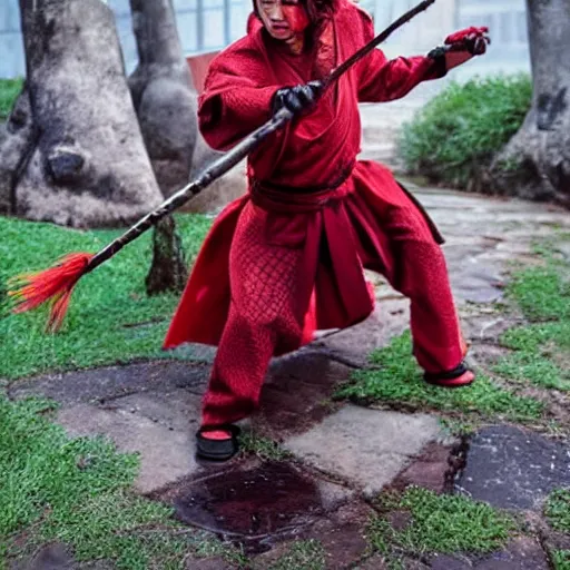 Image similar to cute palm sized blood red beast, wuxia