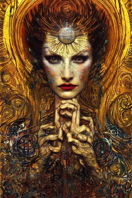 Prompt: Intermittent Chance of Chaos Muse by Karol Bak, Jean Deville, Gustav Klimt, and Vincent Van Gogh, enigma, fate, otherworldly, fractal structures, arcane, prophecy, ornate gilded medieval icon, third eye, spirals