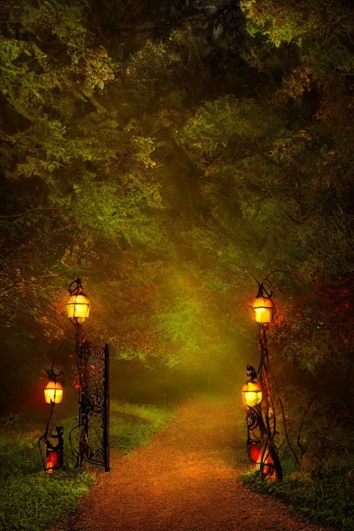 Image similar to a beautiful digital glossy clear sharp of a detailed antasy fireflies forest trees roots mushrooms fireflies moonlight and iron gate cobblestone pathway vines ground fog by james gurney, 8 k resolution trending on artstation