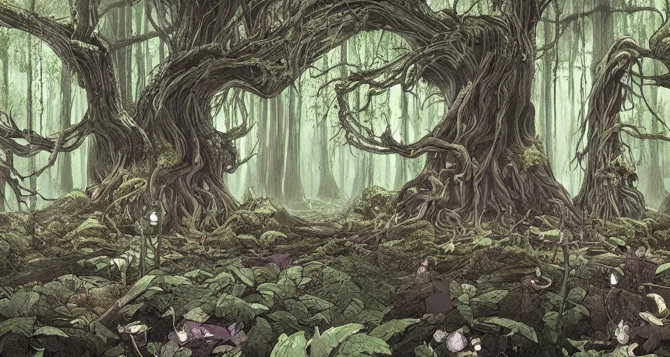 Prompt: A dense and dark enchanted forest with a swamp, by Wit Studio