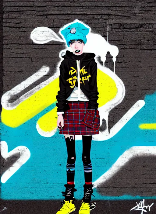 Image similar to highly detailed portrait of a sewer punk lady student, blue eyes, tartan hoody, hat, white hair by atey ghailan, gradient yellow, black, brown and cyan color scheme, grunge aesthetic!!! ( ( graffiti tag wall ) )