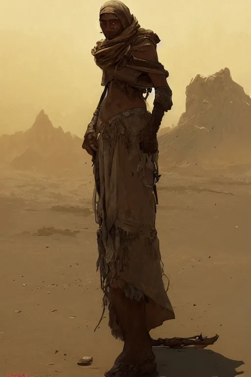 Prompt: a full body portrait of a beautiful post apocalyptic offworld desert bedouin blind beggar by the well, intricate, elegant, highly detailed, digital painting, artstation, concept art, smooth, sharp focus, illustration, art by krenz cushart and artem demura and alphonse mucha