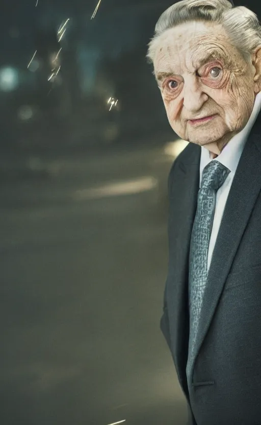 Image similar to Portrait of George Soros looking evil, splash art, movie still, cinematic lighting, dramatic, octane render, long lens, shallow depth of field, bokeh, anamorphic lens flare, 8k, hyper detailed, 35mm film grain