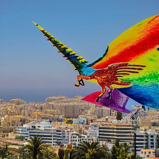 Image similar to a colorful vivid view of haifa with detailed flying unicorns in the sky