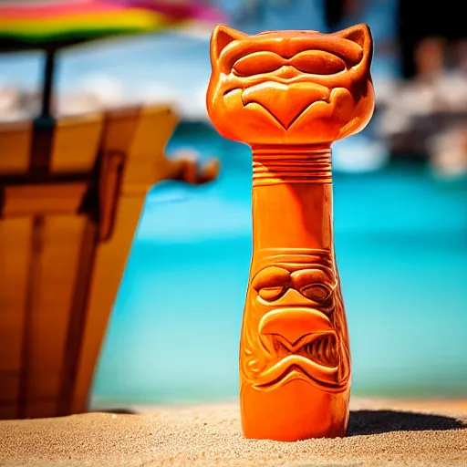 Image similar to a closeup photorealistic photograph of a glossy orange cat garfield style tiki mug sitting at a trader vic's beach bar featuring garfield's face. tiki theme. bright scene. fine detail. this 4 k hd image is trending on artstation, featured on behance, well - rendered, extra crisp, features intricate detail, epic composition and the style of unreal engine.