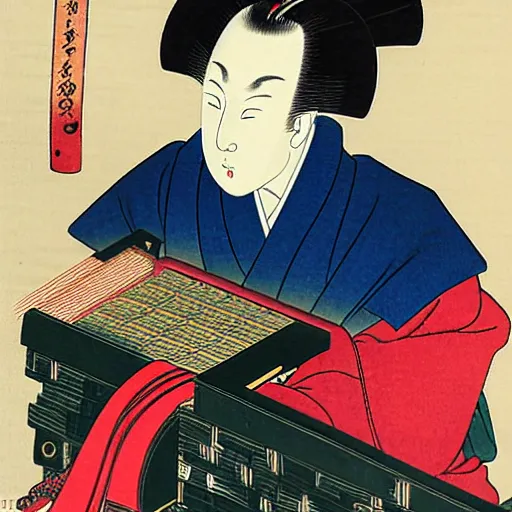 Image similar to beautiful portrait ukiyo - e painting of a computer by kano hideyori, kano tan'yu, kaigetsudo ando, miyagawa choshun, okumura masanobu, kitagawa utamaro