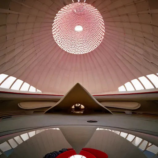 Image similar to interior of a futuristic lotus temple with gold, red and white marble panels, in the desert, by buckminster fuller and syd mead, intricate contemporary architecture, photo journalism, photography, cinematic, national geographic photoshoot