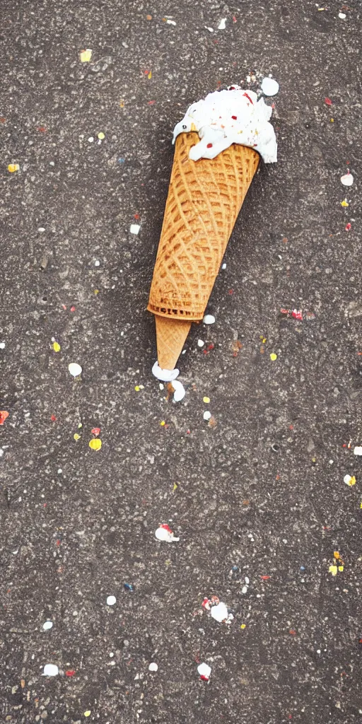 Prompt: ice cream cone splattered on a pavement in italy