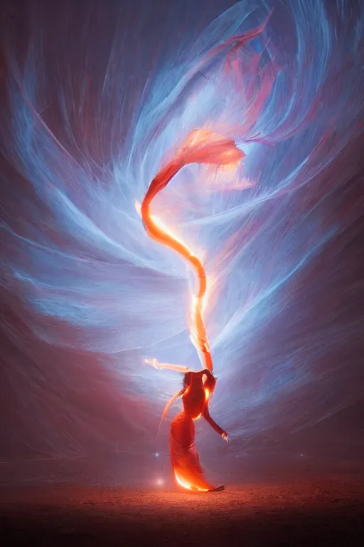 Image similar to swirly fire dancer in the wind by artgem and greg rutkowski, light cone, reimagined by industrial light and magic