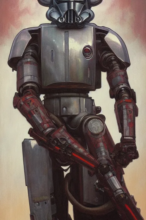 Prompt: a full body fantasy portrait oil painting illustration of a robot in battle worn armour by Justin Sweet and Greg Rutkowski and Alphonse Mucha with face and body clearly visible, Star Wars, sith, forgotten realms, artstation trending, high quality, sombre mood, artstation trending, muted colours, no crop, entire character!,