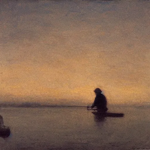 Prompt: silhouette of an old man fishing from a tiny boat at dawn, tonalism