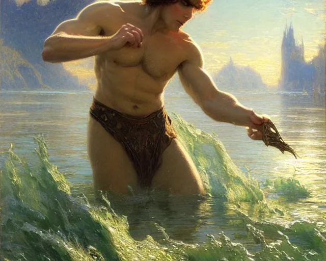 Image similar to attractive male wizard casting powerful wave water spell in a beautiful lake. highly detailed painting by gaston bussiere, craig mullins, j. c. leyendecker 8 k