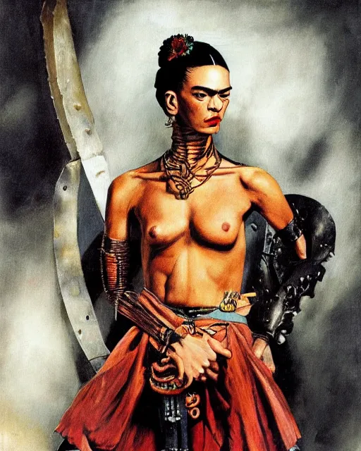 Image similar to portrait of a skinny punk frida kahlo wearing armor by simon bisley, john blance, frank frazetta, fantasy, thief warrior