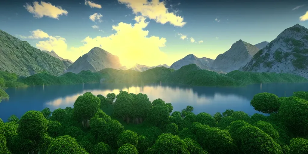 Image similar to a beautiful landscape, sun rises between two mountains, a lake in between the mountains, green, lush vegetation, blue sky, cloudy, 3 d artwork by john stephans, unreal engine 5, extremely detailed, hyper realism