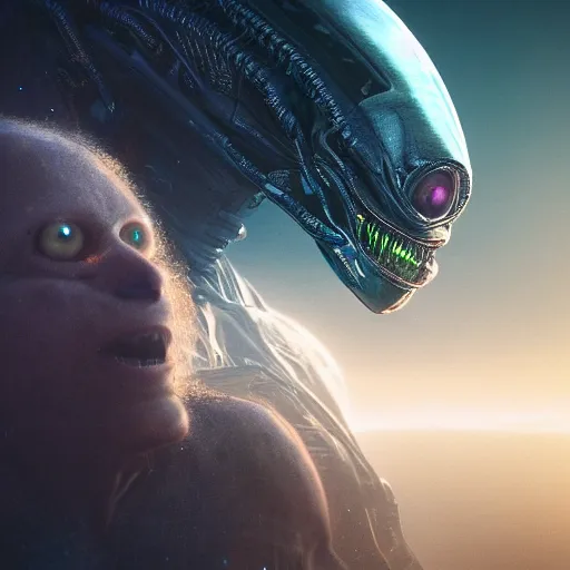 Image similar to a horrified man on a spaceship face to face with an alien from another galaxy, volumetric lighting, 8 k octane beautifully detailed render, post - processing, extremely hyper - detailed, intricate, epic composition, cinematic lighting, masterpiece, trending on artstation, detailed detailed detailed, masterpiece, beautiful cinematic light,