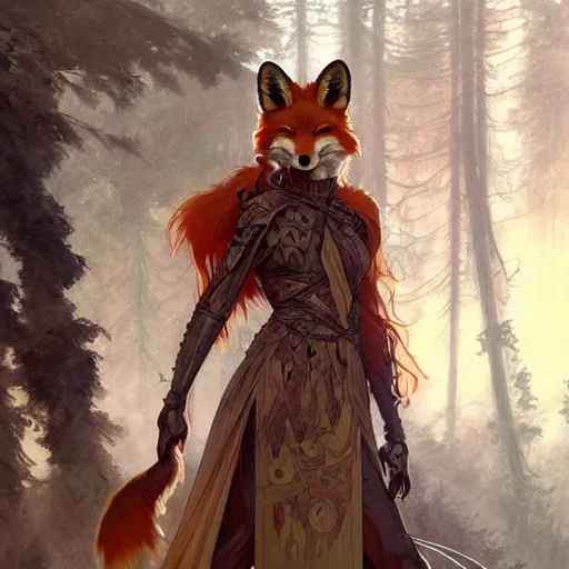 Image similar to photo of a humanoid fox were a heroic dress an armour in the forest, long hair, highly detailed, digital painting, artstation, smooth, sharp focus, illustration, art by artgerm and greg rutkowski and alphonse mucha